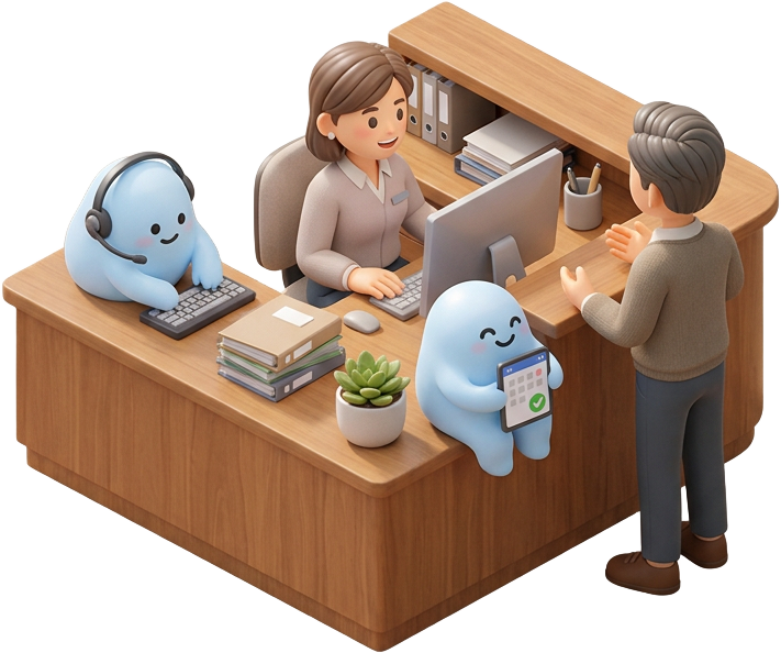 Iris handles front-desk tasks alongside a practice team.