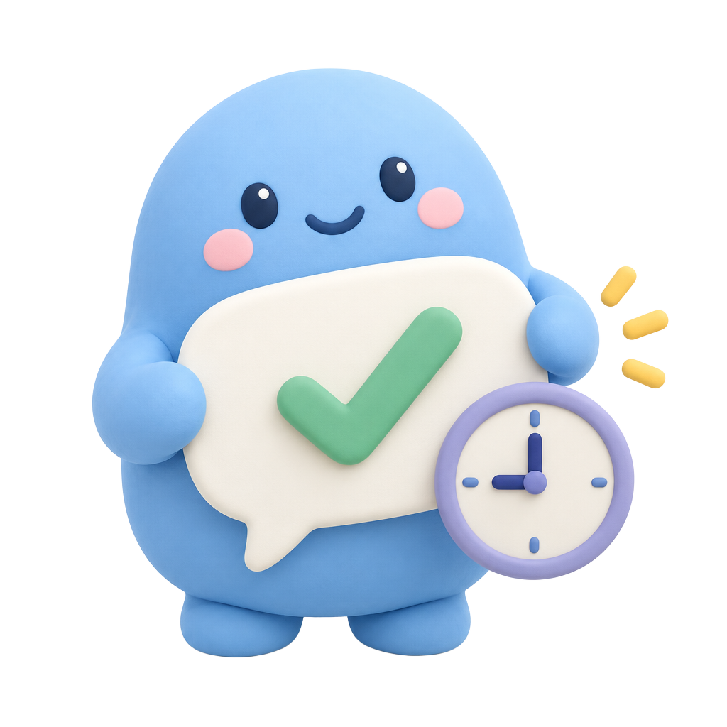 Iris holding a chat bubble with a checkmark next to a clock