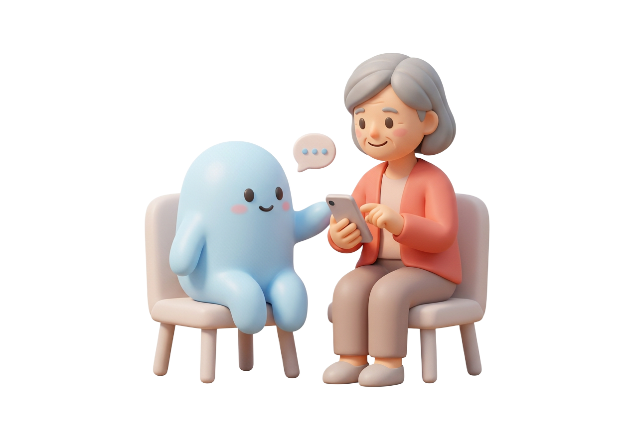 Light-blue Iris sits alongside an older patient using her phone.