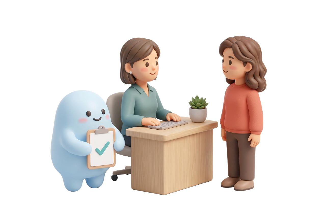 Iris holds a checked clipboard beside a receptionist welcoming a patient.