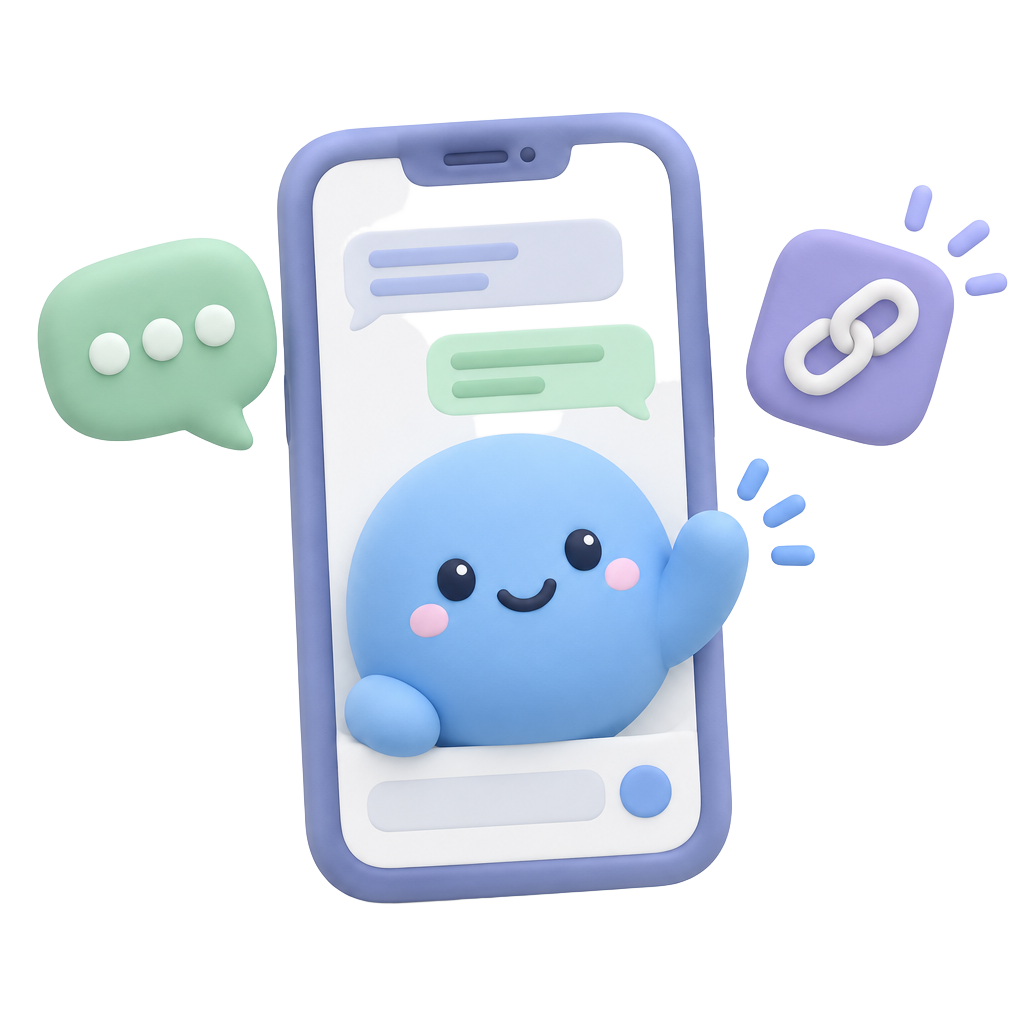 Iris waving from a phone surrounded by chat and text bubbles
