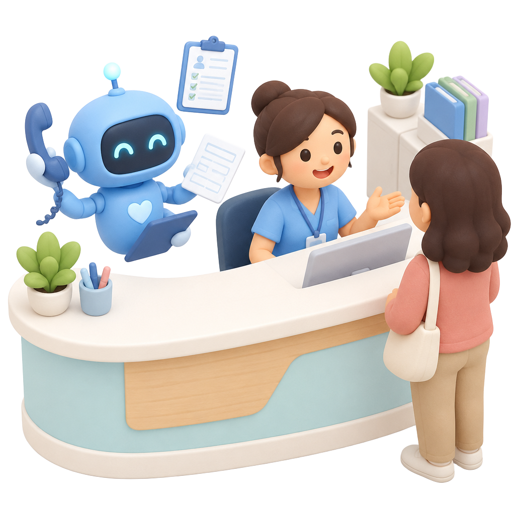 Iris helping a receptionist at a clinic front desk