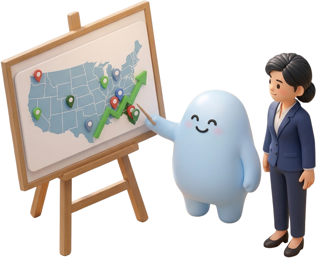 Iris and a practice leader review a USA location map with a rising growth arrow.