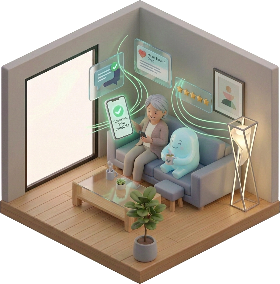 A patient smiling at a check-in message from Iris on her phone